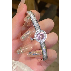 Gümüş Renk Pembe Taş Detaylı Çelik Kelepçe Bileklik