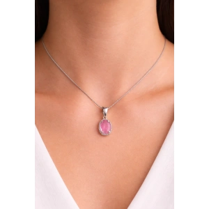 Gümüş Renk Pembe Taş Detaylı Çelik Kolye