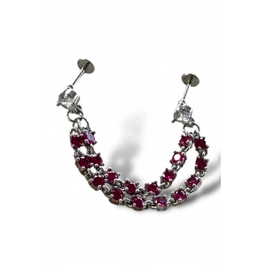 Gümüş Renk Pembe Taş Detaylı Sallantılı Çelik Piercing Küpe (Tek)