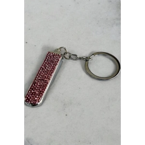 Gümüş Renk Pembe Taş Detaylı Tırnak Makaslı Anahtarlık