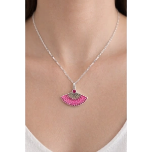 Gümüş Renk Pembe Yelpaze Detaylı Çelik Kolye