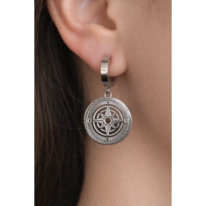 Gümüş Renk Pusula Figürlü Çelik Küpe (Çift)