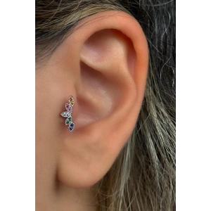 Gümüş Renk Renkli Taş Detaylı Çelik Tragus/Kıkırdak Küpe/Piercing (Tek)