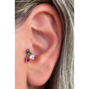 Gümüş Renk Renkli Taş Detaylı Çelik Tragus/Kıkırdak Küpe/Piercing (Tek)