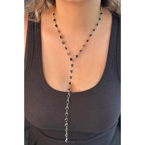 Gümüş Renk Siyah Kalp Figürlü Taş Detaylı Çelik Y Kolye