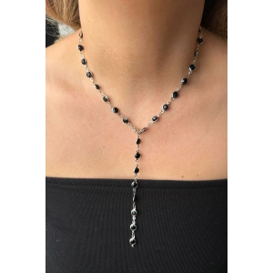 Gümüş Renk Siyah Taşlı Çelik Y Kolye