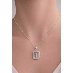 Gümüş Renk T Harf Taş Detaylı Çelik Kolye