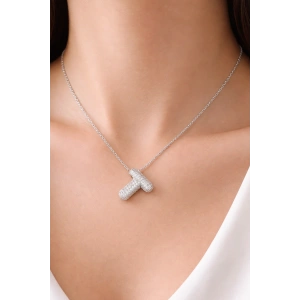 Gümüş Renk T Harf Taş Detaylı Çelik Kolye