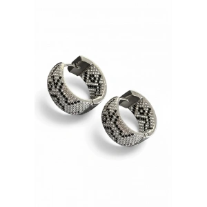 Gümüş Renk Taş Detaylı 14K Altın Kaplama Halka Küpe (Çift)