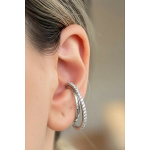 Gümüş Renk Taş Detaylı 14K Altın Kaplama TX Ear Cuff (Tek)