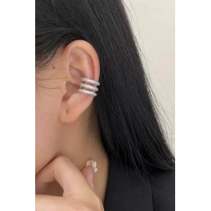 Gümüş Renk Taş Detaylı 14K Altın Kaplama TX Ear Cuff (Tek)