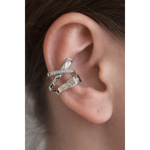 Gümüş Renk Taş Detaylı 14K Altın Kaplama TX Ear Cuff (Tek)