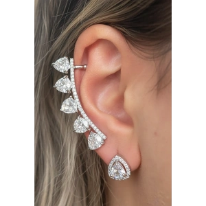 Gümüş Renk Taş Detaylı 14K Altın Kaplama TX Ear Cuff Ve Küpe Set (Tek)