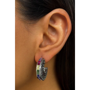 Gümüş Renk Taş Detaylı 14K Altın Kaplama TX Halka Küpe (Çift)