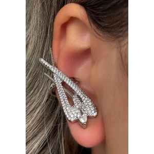 Gümüş Renk Taş Detaylı 14K Altın Kaplama TX Kulak Aksesuarı (Tek)