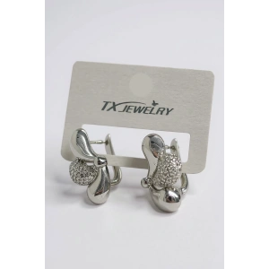 Gümüş Renk Taş Detaylı 14K Altın Kaplama TX Küpe (Çift)