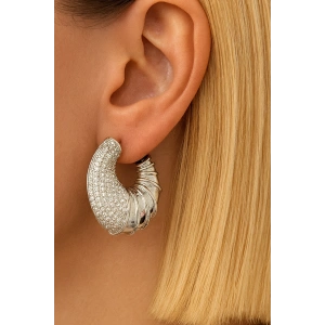 Gümüş Renk Taş Detaylı 14K Altın Kaplama TX Küpe (Çift)