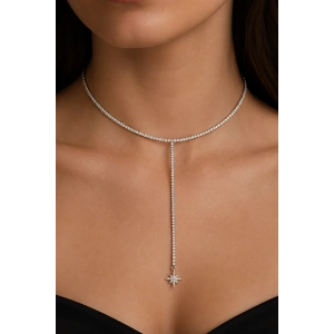 Gümüş Renk Taş Detaylı 14K Altın Kaplama Vip Choker Kolye