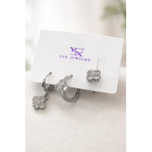 Gümüş Renk Taş Detaylı 3lü YSX Küpe Set