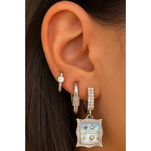 Gümüş Renk Taş Detaylı 3lü YSX Küpe Set