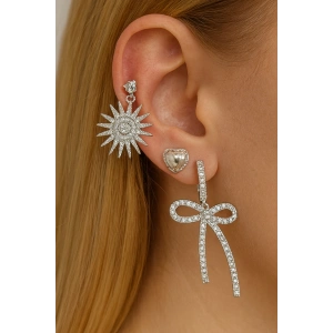 Gümüş Renk Taş Detaylı 3lü YSX Küpe Set