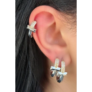 Gümüş Renk Taş Detaylı 3lü YSX Küpe Set