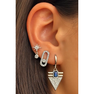 Gümüş Renk Taş Detaylı 3lü YSX Küpe Set