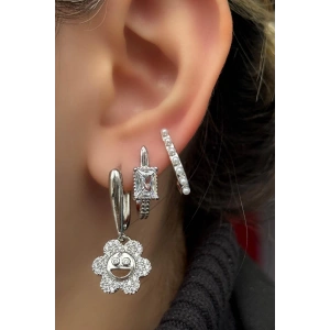 Gümüş Renk Taş Detaylı 3lü YSX Küpe Set