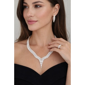 Gümüş Renk Taş Detaylı 4lü Abiye Set