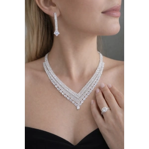 Gümüş Renk Taş Detaylı 4lü Abiye Set