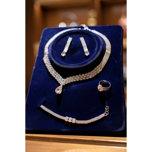 Gümüş Renk Taş Detaylı 4lü Abiye Set