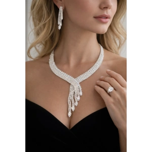 Gümüş Renk Taş Detaylı 4lü Abiye Set