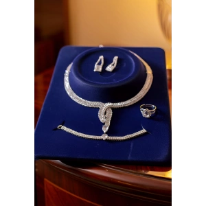 Gümüş Renk Taş Detaylı 4lü Abiye Set