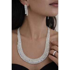 Gümüş Renk Taş Detaylı 4lü Abiye Set