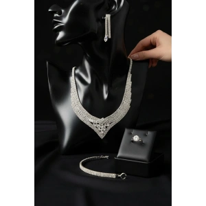 Gümüş Renk Taş Detaylı 4lü Abiye Set