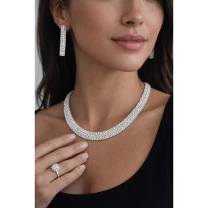 Gümüş Renk Taş Detaylı 4lü Abiye Set