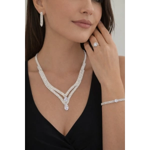 Gümüş Renk Taş Detaylı 4lü Abiye Set