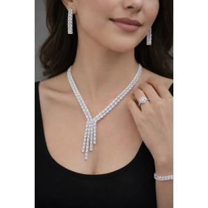 Gümüş Renk Taş Detaylı 4lü Abiye Set