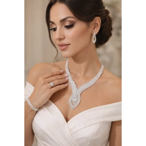 Gümüş Renk Taş Detaylı 4lü Abiye Set