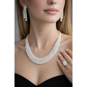 Gümüş Renk Taş Detaylı 4lü Abiye Set