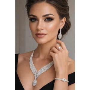 Gümüş Renk Taş Detaylı 4lü Abiye Set