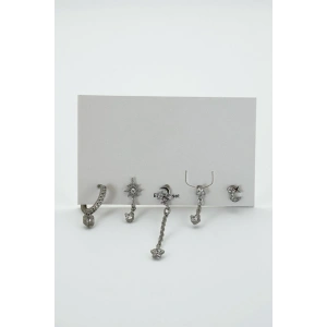 Gümüş Renk Taş Detaylı 5li Küpe Set