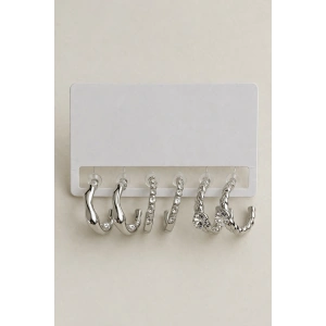 Gümüş Renk Taş Detaylı 6lı Halka Küpe Set