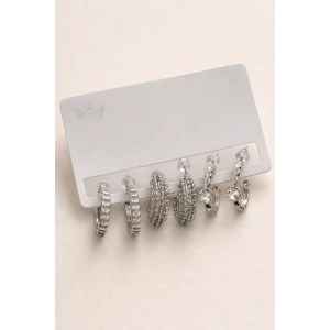 Gümüş Renk Taş Detaylı 6lı Küpe Set