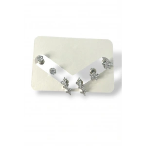 Gümüş Renk Taş Detaylı 6lı Küpe Set