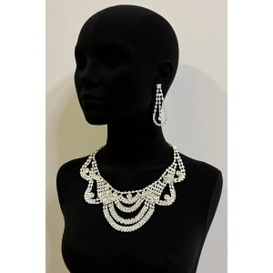 Gümüş Renk Taş Detaylı Abiye Set