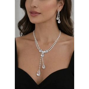 Gümüş Renk Taş Detaylı Abiye Set