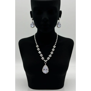 Gümüş Renk Taş Detaylı Abiye Set