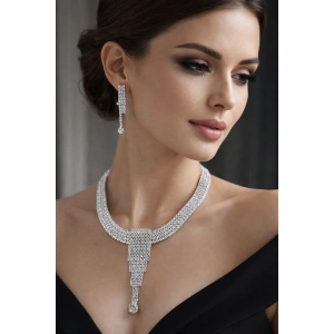 Gümüş Renk Taş Detaylı Abiye Set