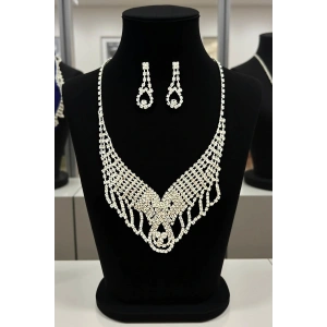 Gümüş Renk Taş Detaylı Abiye Set